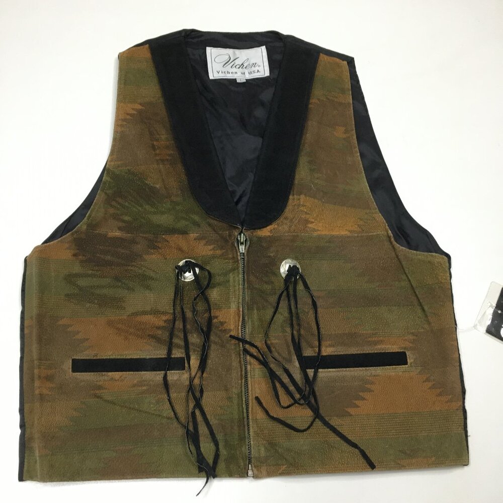 NWT VICHEN of USA Multicolor Print Genuine Suede Leather Western Zip Up Vest